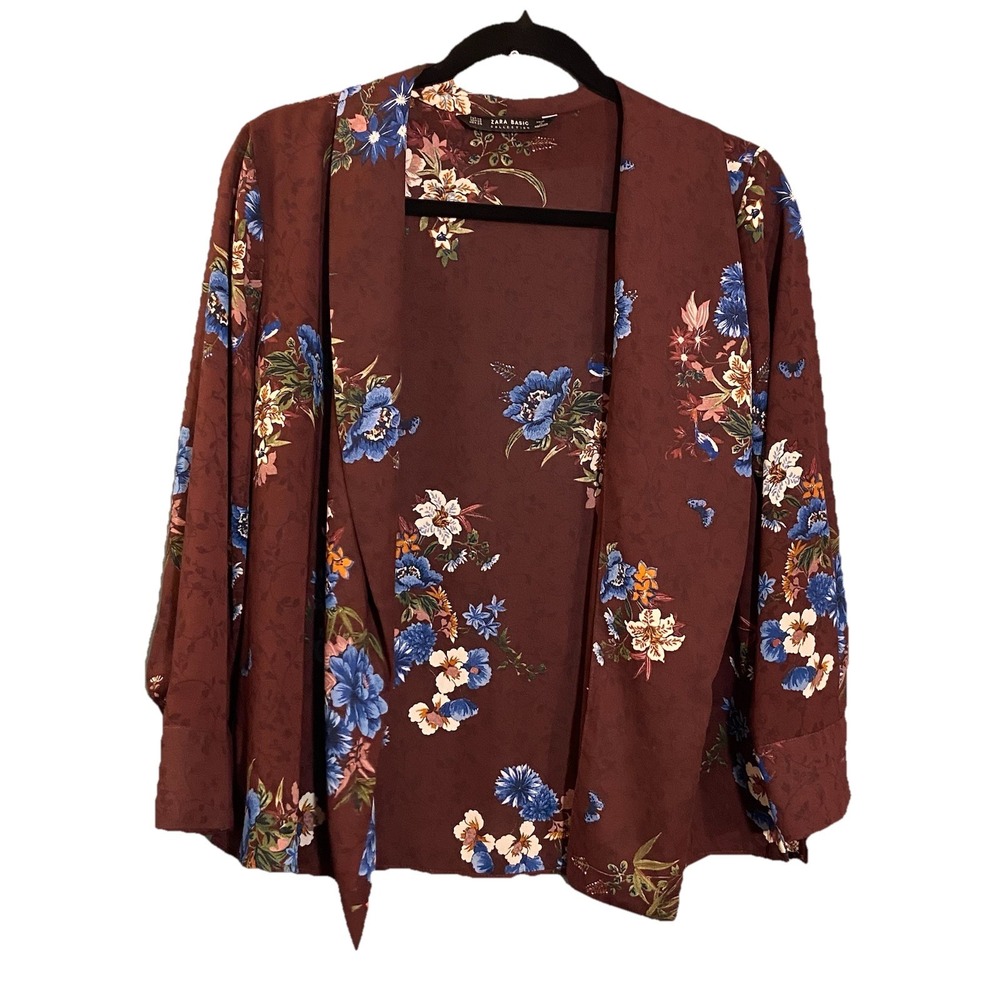 Zara cardigan sheer kimono Women Large Brown Blue Floral Whimsigoth cottagecore